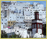 Tightly packed white-washed buildings clinging to the hillsides of the Jebel Dersa in the Medina of Tetouan UNESCO world heritage site, Morocco