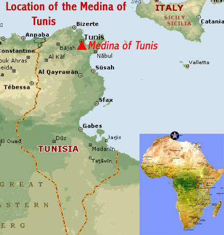 Map showing the location of the Medina of Tunis UNESCO world heritage site, Tunisia