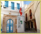 Characteristic Arabic Doorways, whitewashed walls and blue-painted shutters are characteristic of the Medina of Tunis UNESCO world heritage site, Tunisia