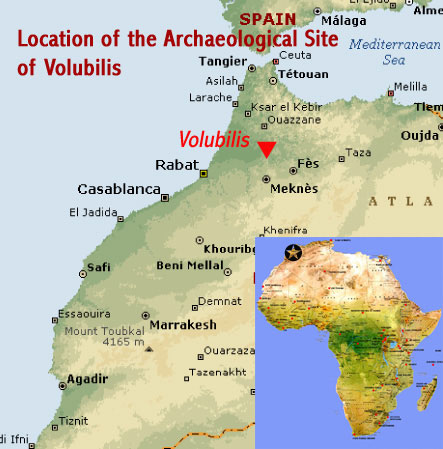 Map showing the location of the Archaeological Site of Volubilis UNESCO world heritage site, a commercial town at the frontier of the Roman Empire in Morocco (north Africa)