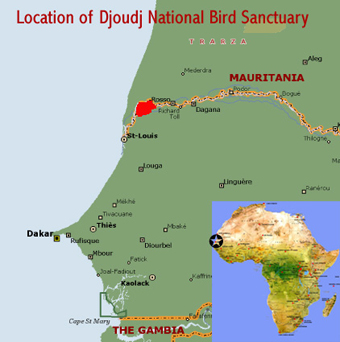 Map showing the location of the Djoudj national bird sanctuary world heritage site, Senegal