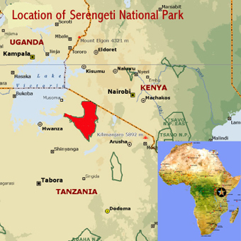 Map showing the location of Serengeti National Park world heritage site in Tanzania