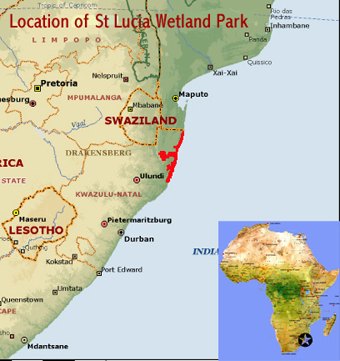 Map showing the location of the iSimangaliso (formerly St Lucia) wetland park world heritage site in KwaZulu Natal, South Africa