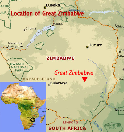 Map showing the location of the Great Zimbabwe National Monument UNESCO world heritage site, near Masvingo, Zimbabwe